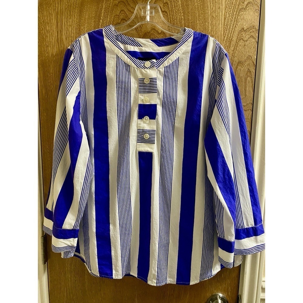 J Crew Women's Half Button Front 100% Cotton Royal Blue White Tunic XL BEACH